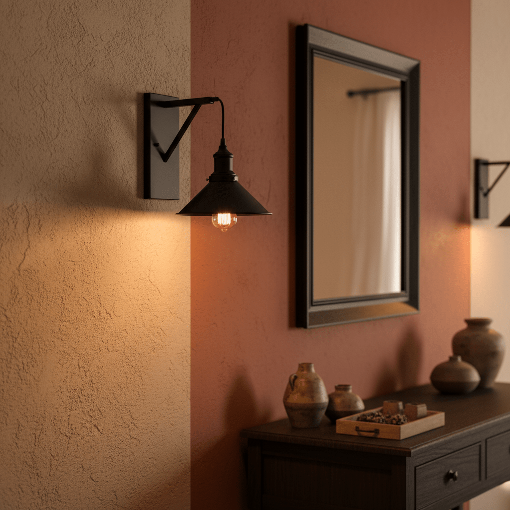 Caledon Black Indoor Wall Light mounted beside a mirror, illuminating a wooden console with decorative pottery.