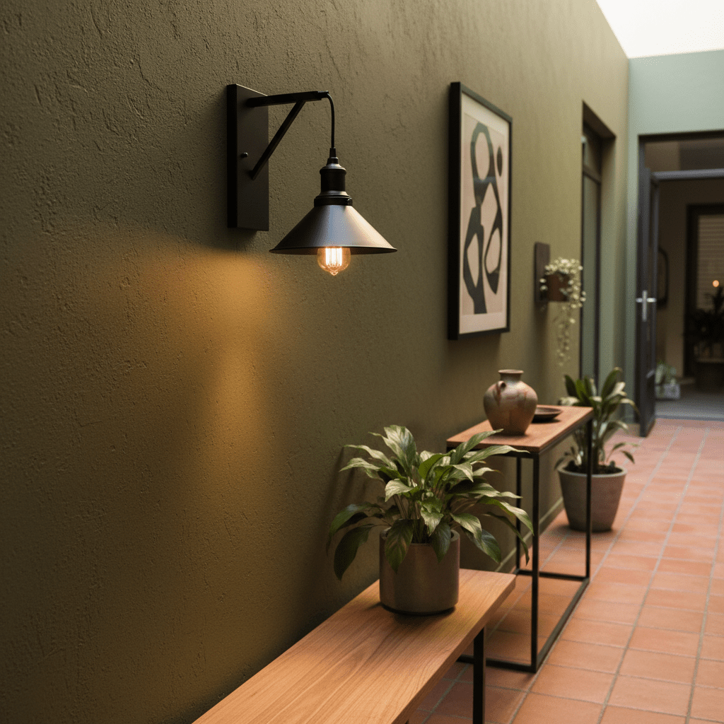 Caledon Black Indoor Wall Light mounted on a textured green wall, illuminating a hallway with plants and decor.
