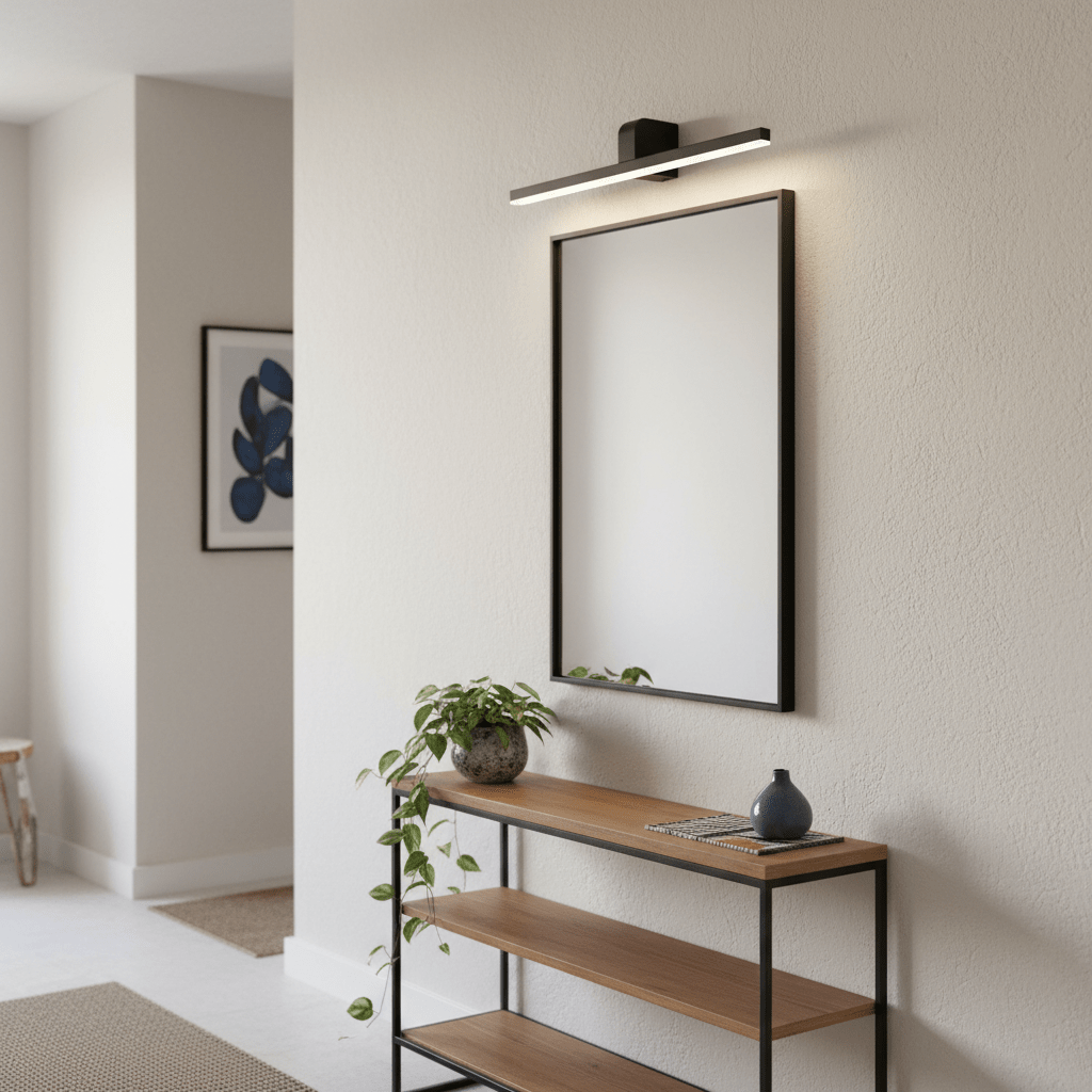 Slim black LED picture light mounted above a mirror, illuminating the space with cool white light.