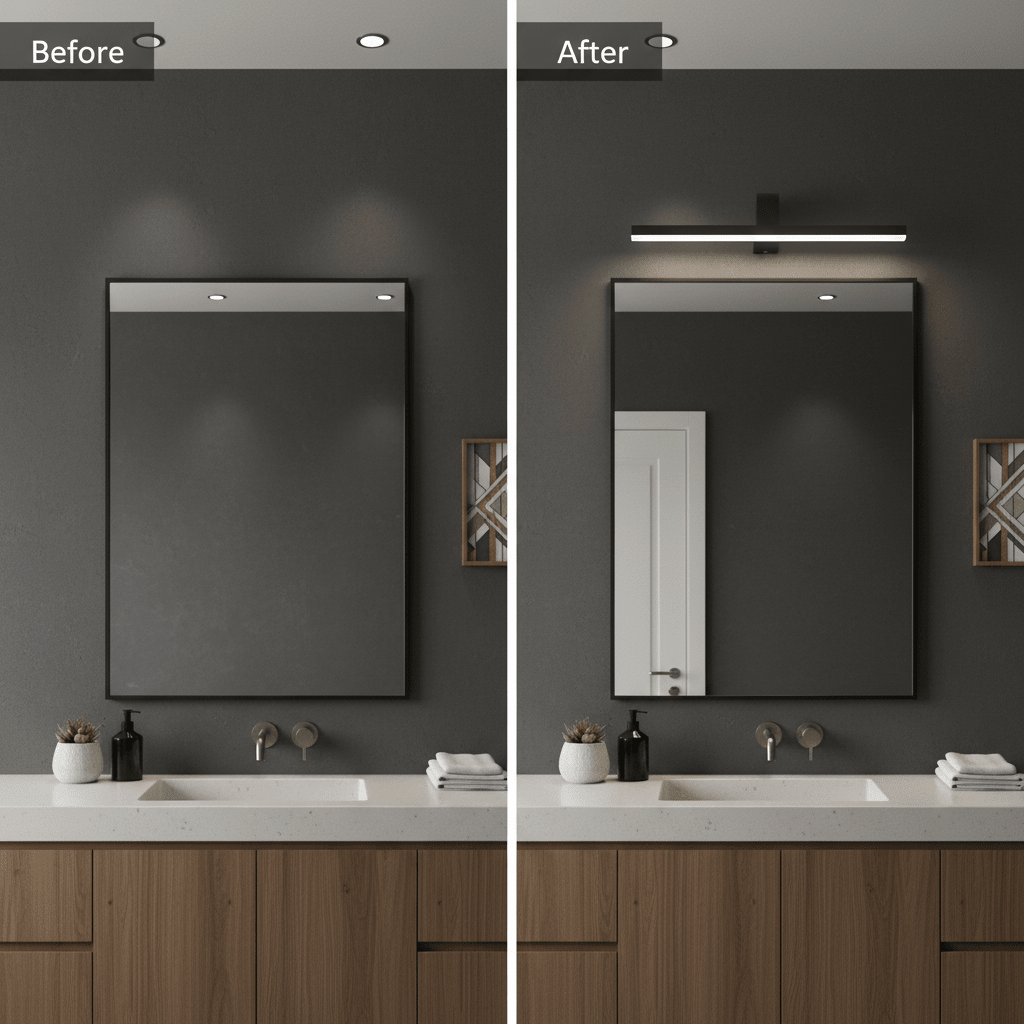 Comparison of bathroom mirror lighting before and after installing a sleek black LED picture light.