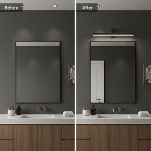 Comparison of bathroom mirror lighting before and after installing a sleek black LED picture light.