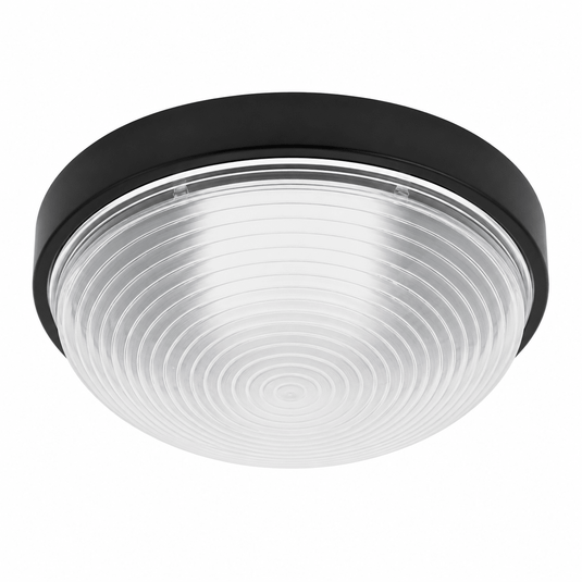 White polycarbonate bulkhead light with frosted cover, featuring a rounded design and black rim.