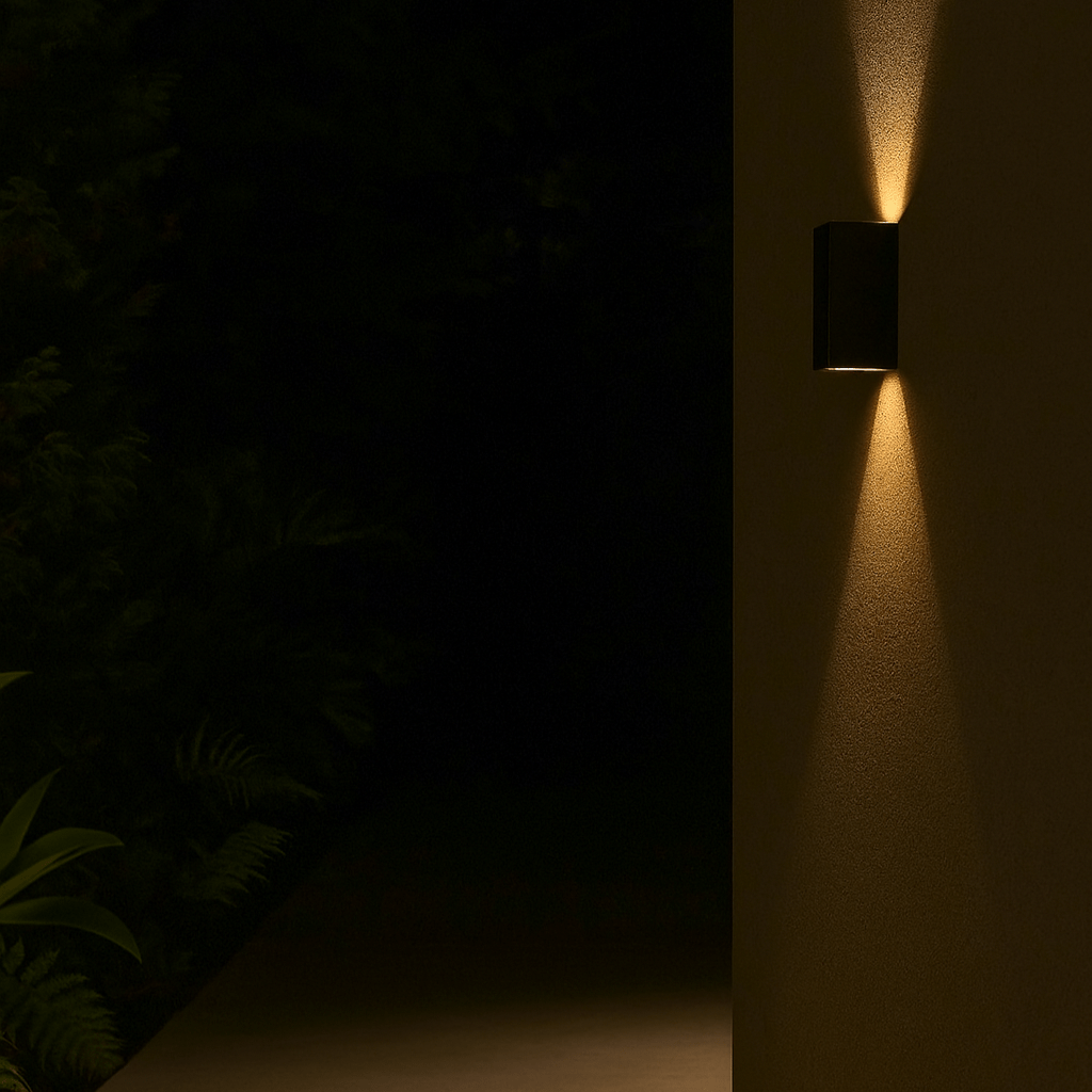 Wall-mounted outdoor light fixture casting a warm glow on a dark wall with plants in the background.