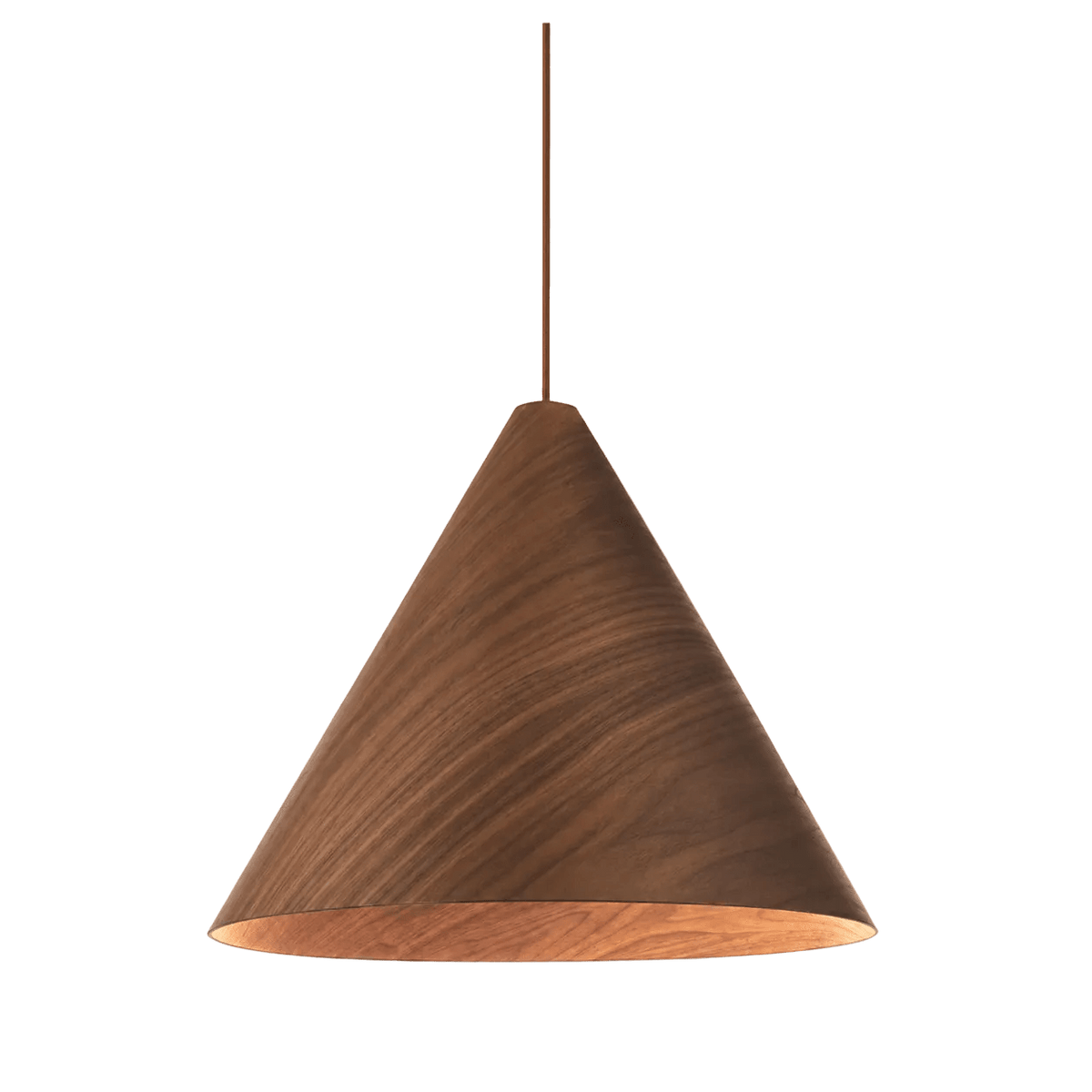 A conical pendant light made of walnut wood veneer, featuring a smooth, warm brown finish.