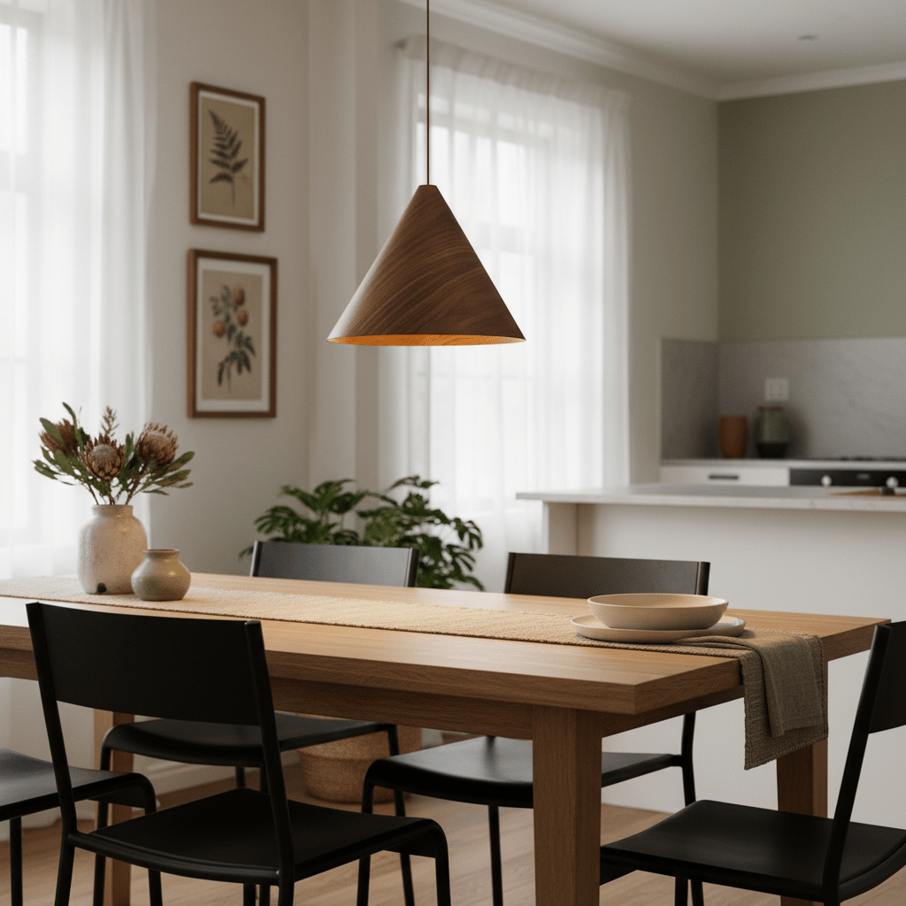 Walnut wood veneer pendant light hanging above a dining table with black chairs and a vase of flowers.