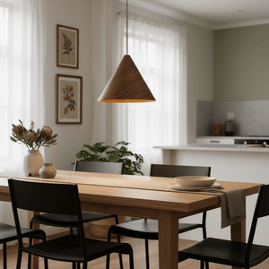 Walnut wood veneer pendant light hanging above a dining table with black chairs and a vase of flowers.