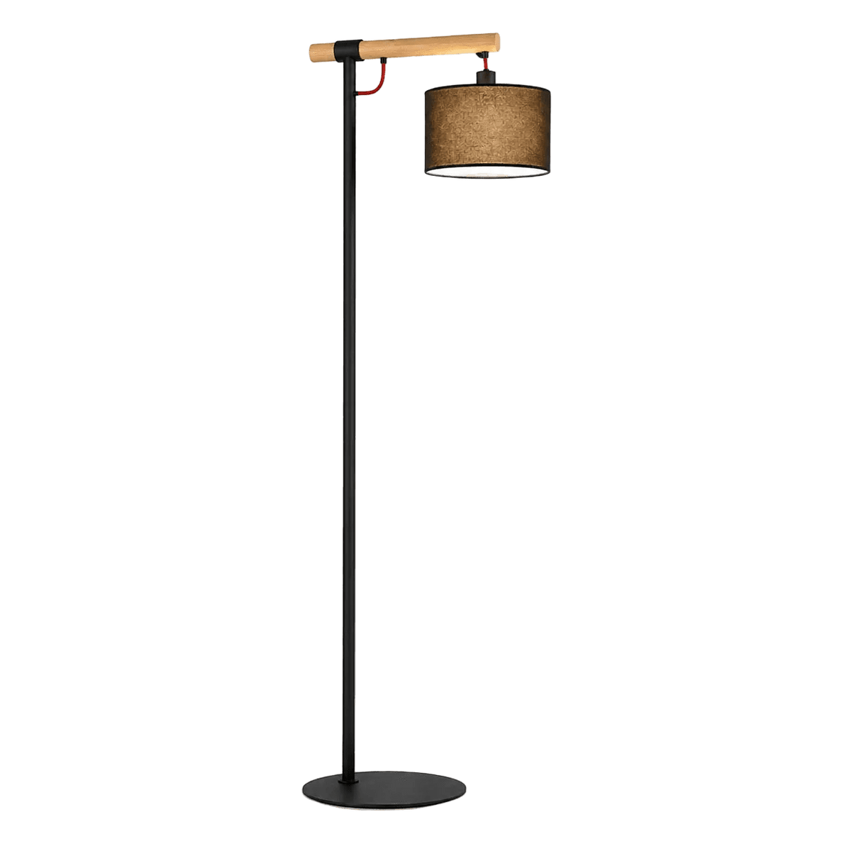A tall floor lamp with a black metal base, a wooden handle, and a cylindrical brown fabric shade.