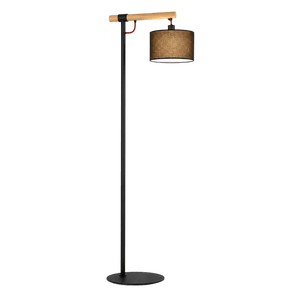 A tall floor lamp with a black metal base, a wooden handle, and a cylindrical brown fabric shade.