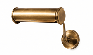 Antique brass adjustable wall lamp with a cylindrical shade and round wall mount.