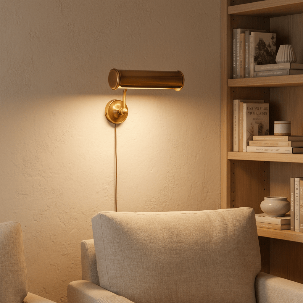 Antique brass wall lamp illuminating a cozy reading nook beside a bookshelf.