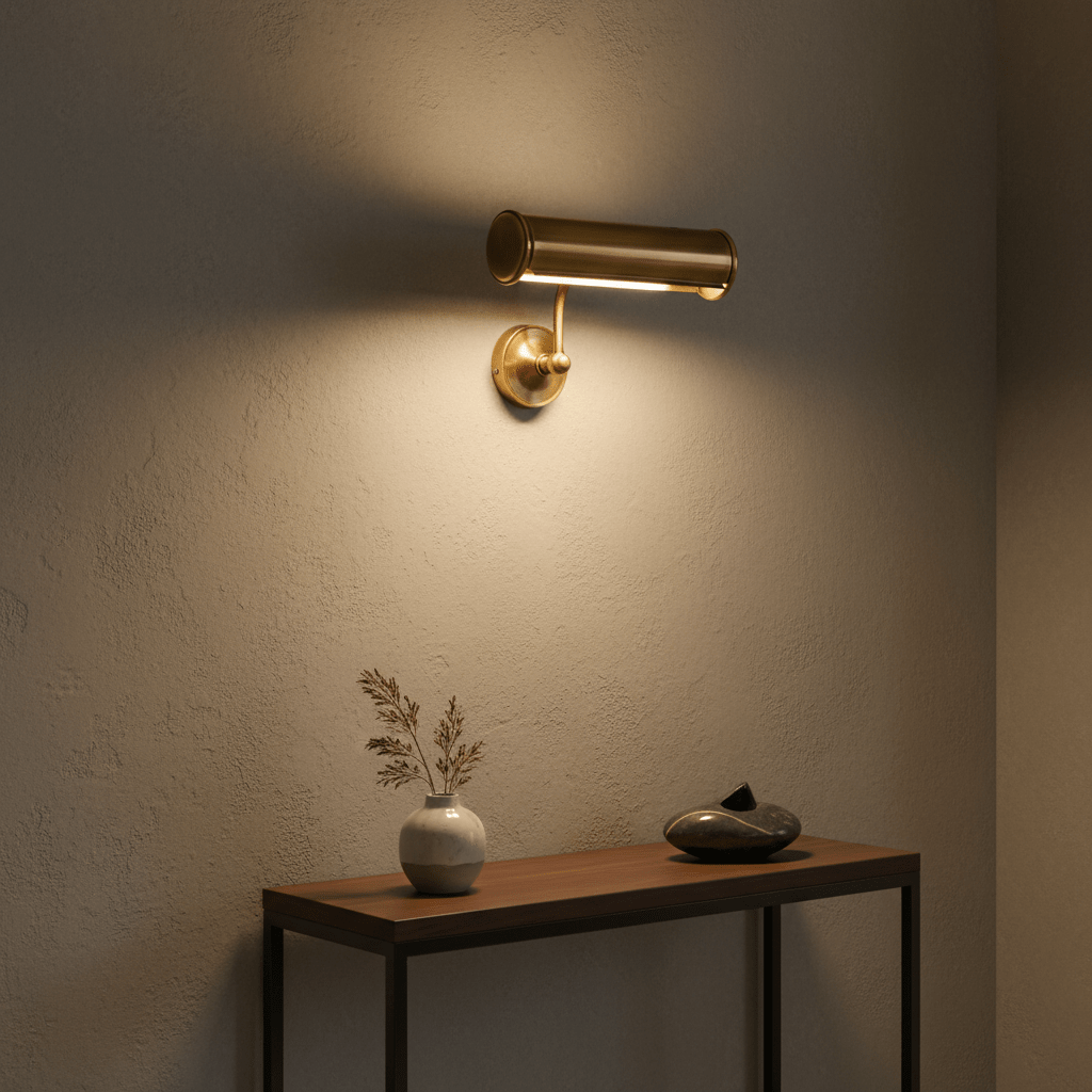 Antique brass wall lamp illuminating a textured wall above a wooden console table with decorative items.
