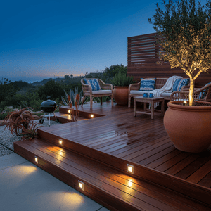 Square recessed ground lights glowing in wooden deck steps and patio decking