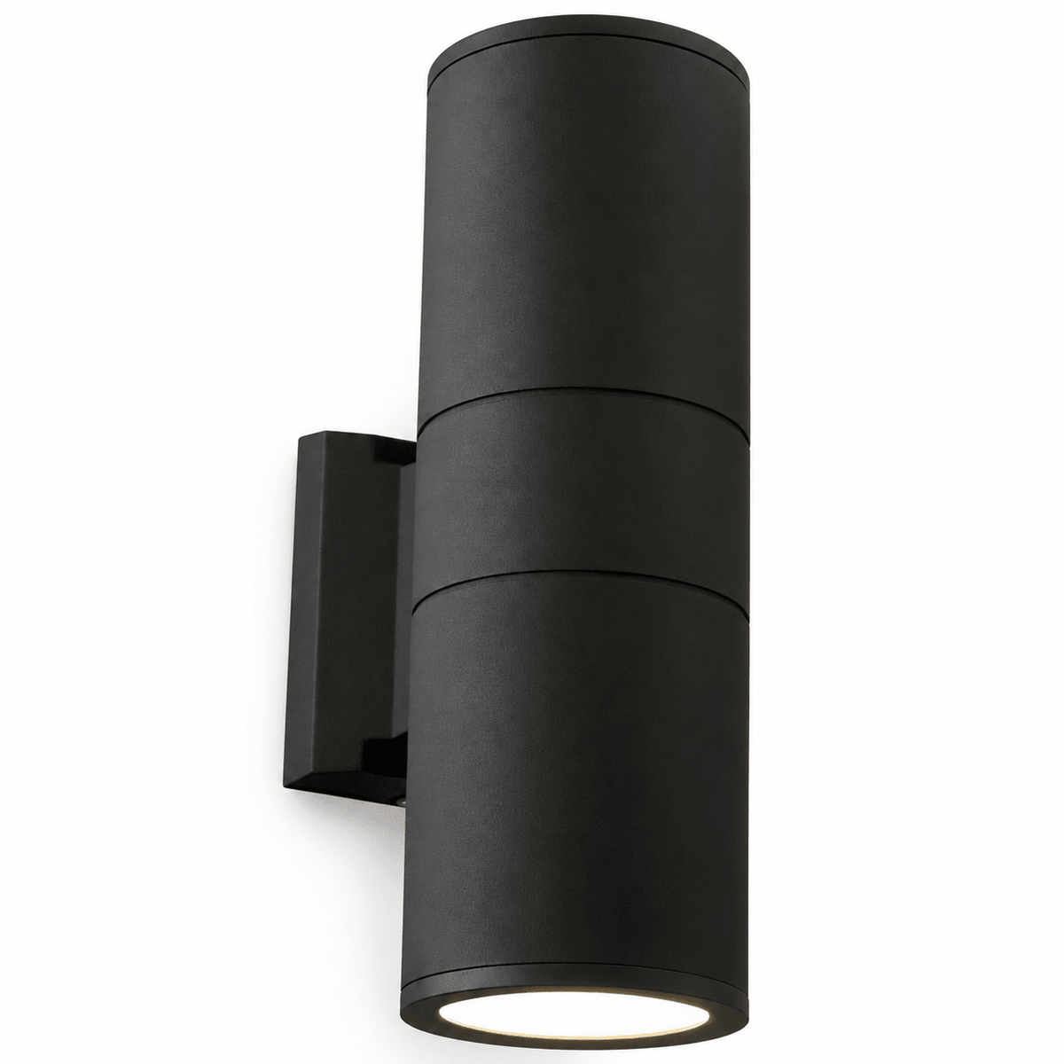 Black aluminium up-down outdoor wall light on a white background.