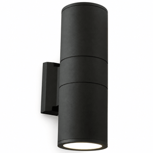 Black aluminium up-down outdoor wall light on a white background.