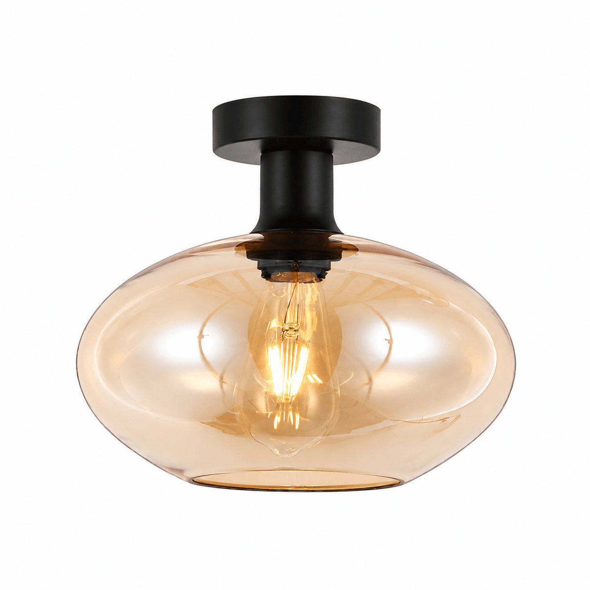 Amber Orb Ceiling Light with black canopy and amber glass shade on a white background