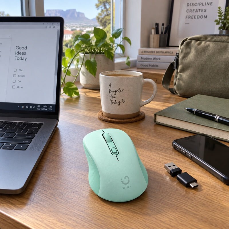 Green WINX CLICK wireless mouse on a South African home-office desk beside a laptop