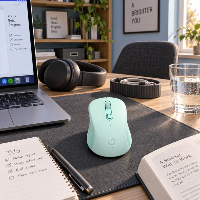 Green WINX CLICK wireless mouse on a study desk beside a laptop and work notes