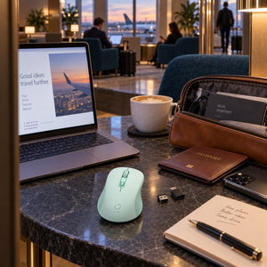 Green WINX CLICK wireless mouse on a hotel work table beside a compact computer