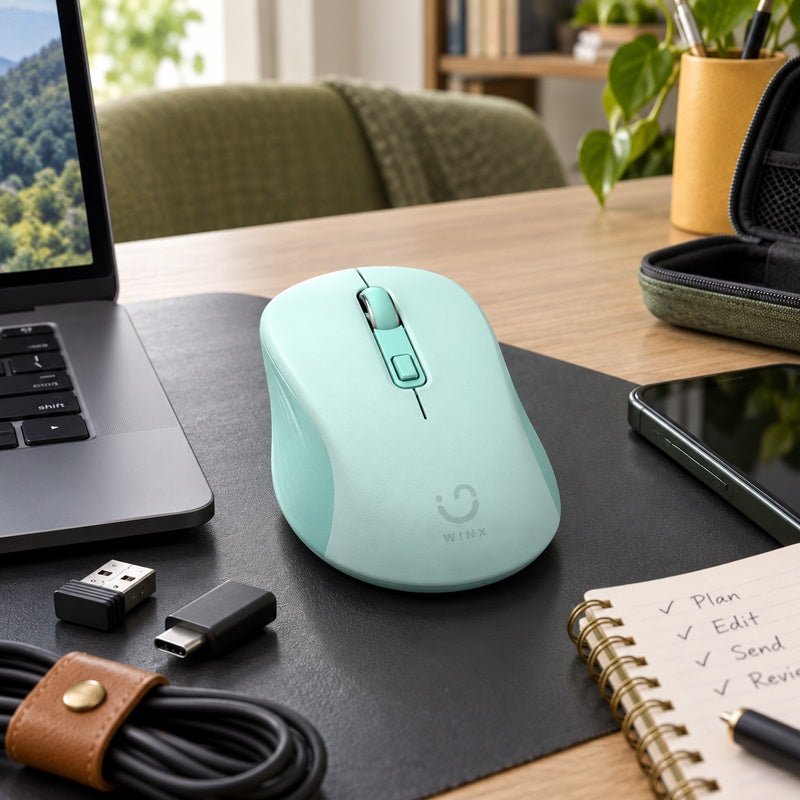 Green WINX CLICK wireless mouse shown in close detail on a work surface with USB receiver