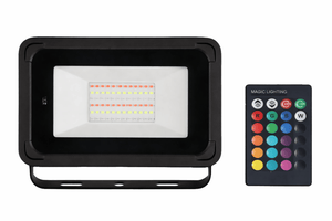 100W RGBW LED floodlight with remote control, showcasing a sleek design and vibrant color options.