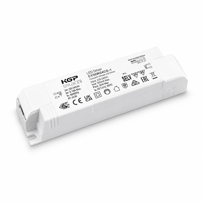 30W white LED driver with specifications and labels visible on the side.