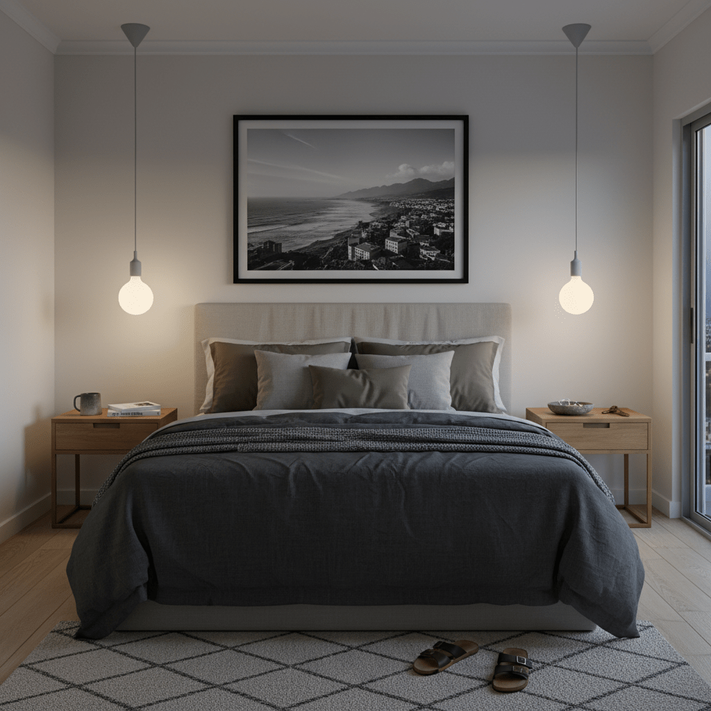 Modern bedroom with a bed, nightstands, and framed artwork on the wall.