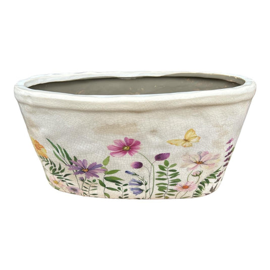 B0824121 Ceramic Oval Pot - Wildflowers And Butterfly - Future Decor