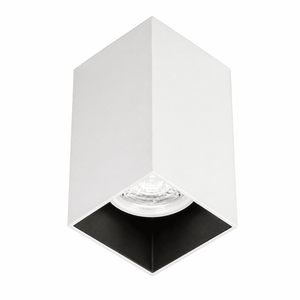 White Cubo surface mount downlight holder with a sleek design, showcasing a GU10 bulb fitting.