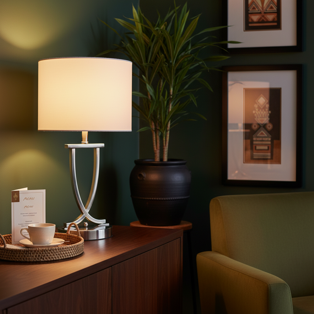 Satin Chrome Table Lamp with Oval Pearl White Shade