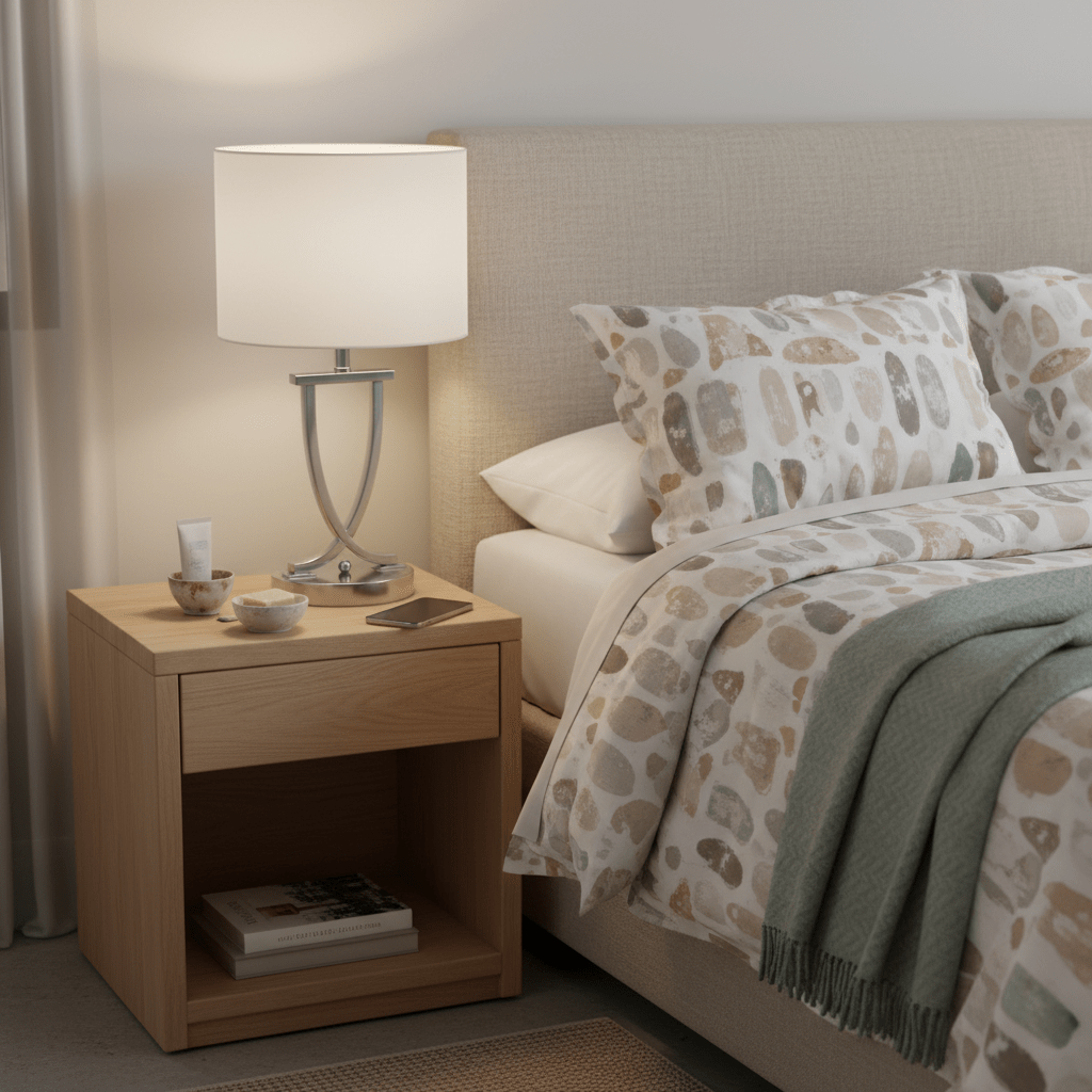Satin chrome table lamp with oval pearl white shade on a bedside table next to a bed.