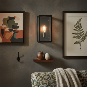 Metal indoor wall light with clear glass illuminating a cozy living space, complemented by artwork and decorative items.