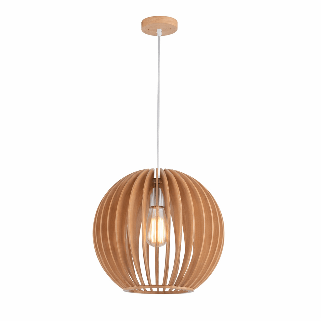 Wooden pendant light with a white bulb on a white background