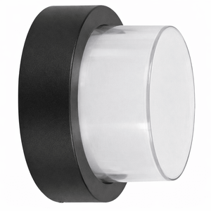 Round outdoor LED wall light with a sleek black finish and clear lens, designed for modern homes.