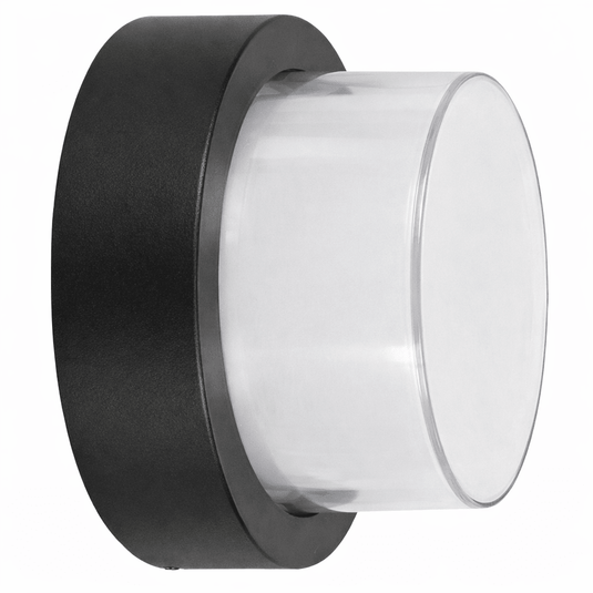 Round outdoor LED wall light with a sleek black finish and clear lens, designed for modern homes.
