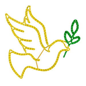 A glowing yellow outline of a dove holding a green olive branch on a black background.