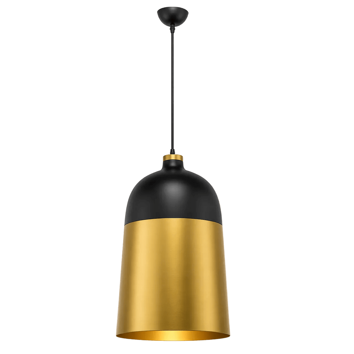Black and gold two-tone metal pendant light with a rounded top and flared bottom, suspended by a black cord.