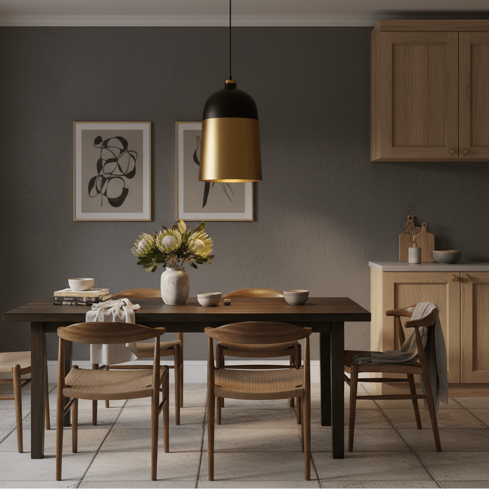 A black and gold pendant light hangs above a wooden dining table set with bowls and flowers.