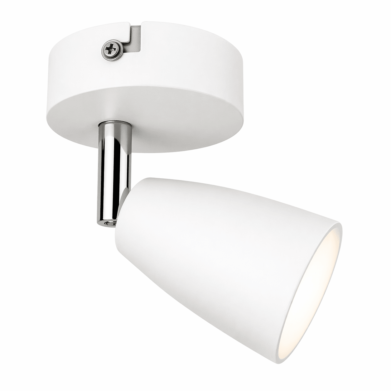 White ceiling light fixture with a cylindrical shade on a white background