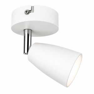 White ceiling light fixture with a cylindrical shade on a white background