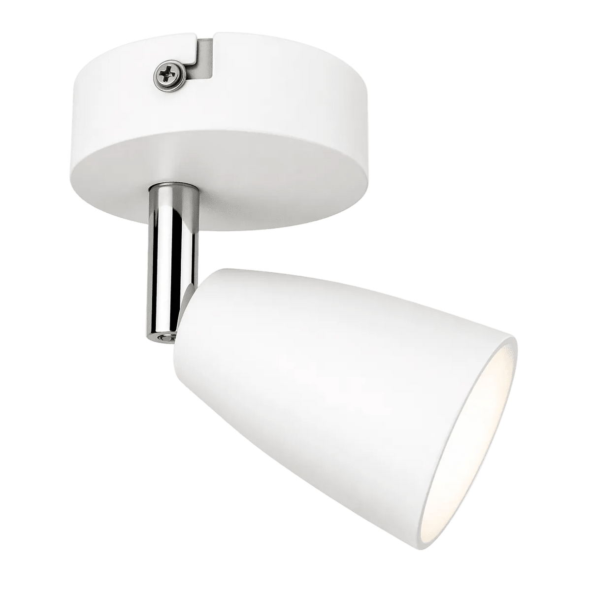 White ceiling spotlight with a cylindrical base and a conical light shade, featuring a chrome arm.