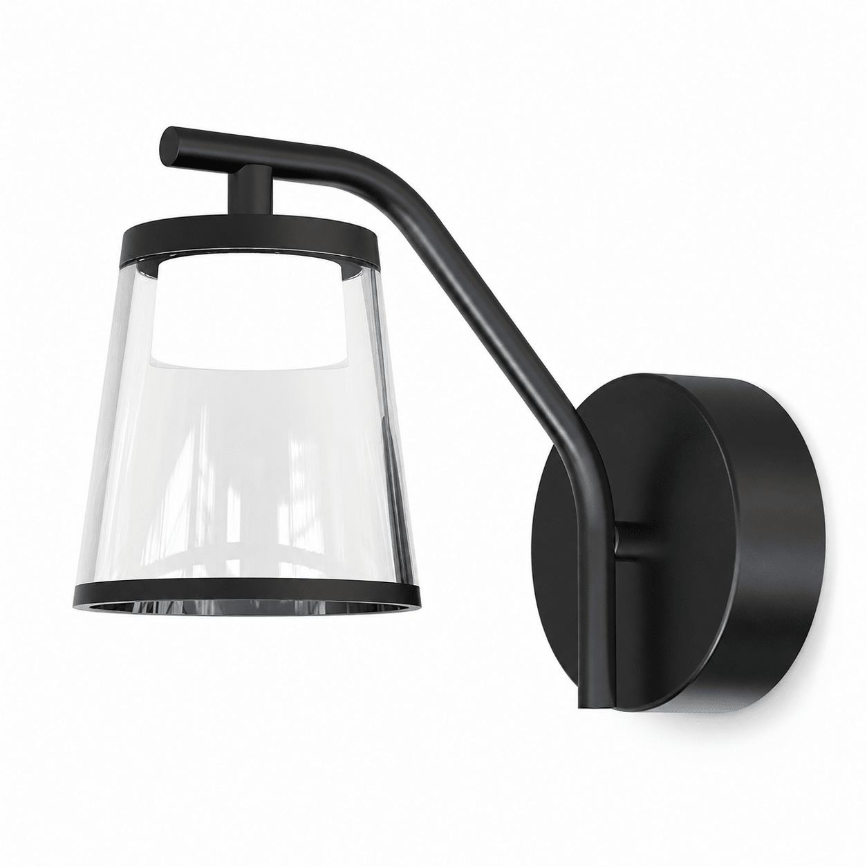 Black wall-mounted lamp with clear glass shade on a white background