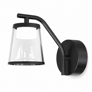 Black wall-mounted lamp with clear glass shade on a white background