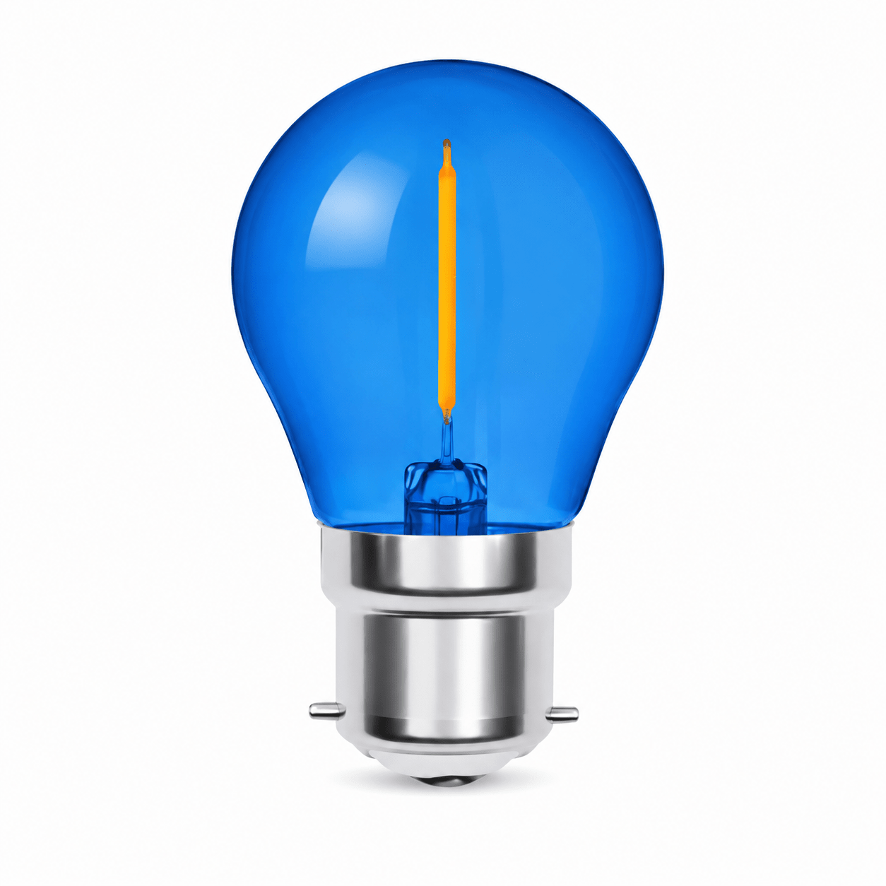 1W blue transparent filament golf ball bulb with a silver base, showcasing a warm glow.