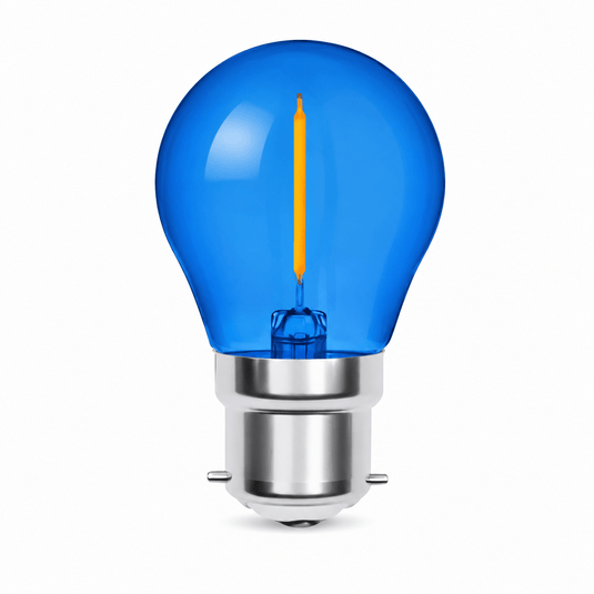 1W blue transparent filament golf ball bulb with a silver base, showcasing a warm glow.
