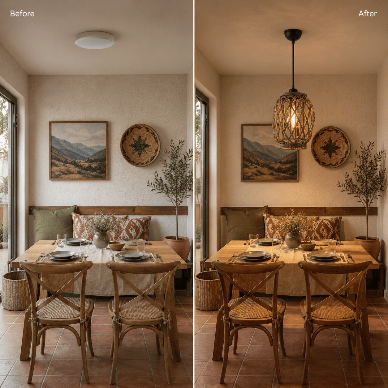 A dining area transformed with a rattan pendant light, enhancing the cozy atmosphere.