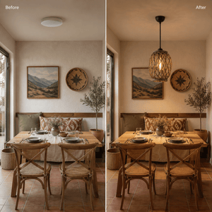 A dining area transformed with a rattan pendant light, enhancing the cozy atmosphere.