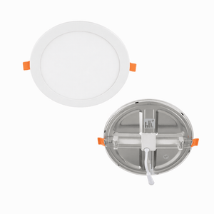 Top and bottom views of a recessed LED downlight showcasing its adjustable clips and sleek design.