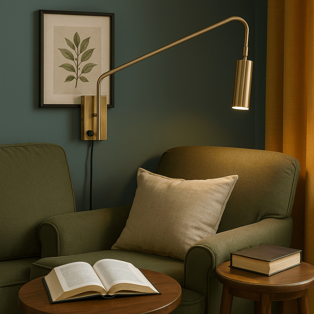 Satin brass corded LED reading light beside a chair with an open book