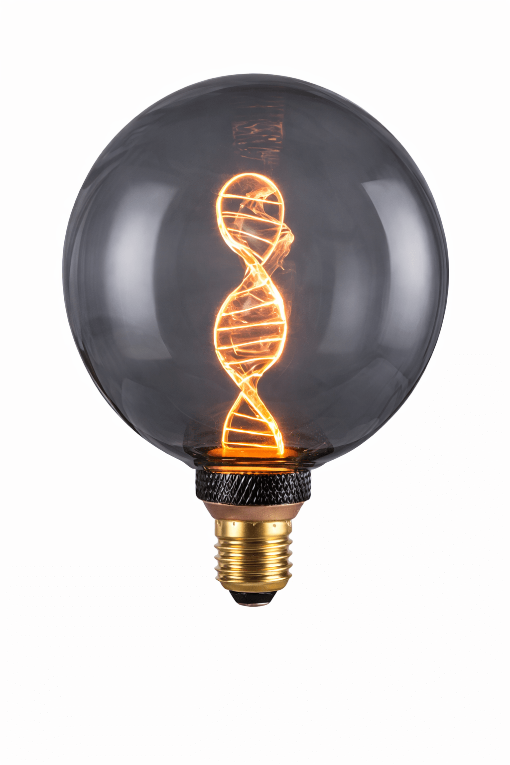 Decorative LED bulb with DNA-style filament glowing warmly inside a clear glass globe.