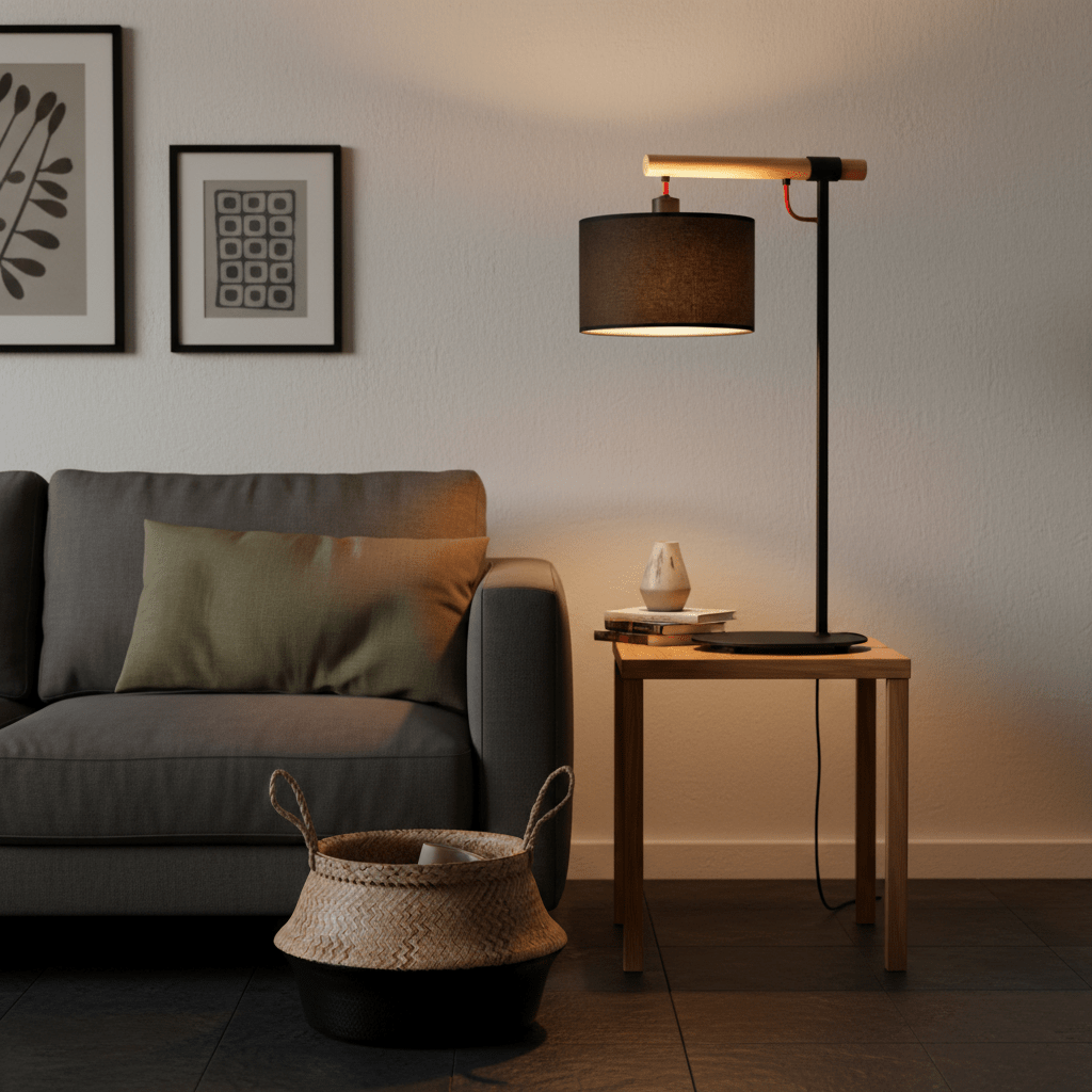 Shawela Black Table Lamp on a side table next to a gray sofa, with decorative items and a woven basket.